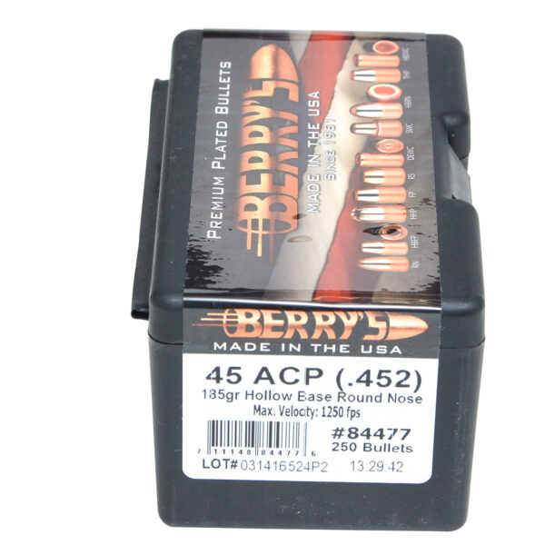 Berry's Superior Plated Pistol Bullets, .45 Cal 185gr Hollow Base Round Nose