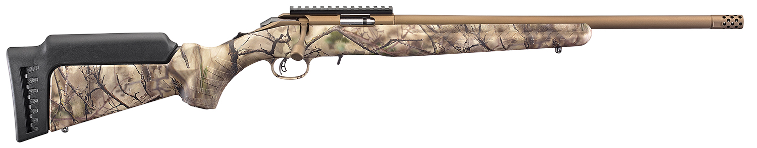 114522 Ruger 8373 American Rimfire Full Size 22 WMR 9+1 18" Bronze Cerakote Threaded Barrel & Alloy Steel Receiver w/Picatinny Rail, Go Wild Camo I-M Brush Fixed Synthetic Stock, Right Hand