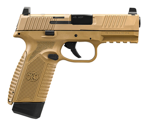 FN 66101388 545 MRD Full Size 45 ACP 15+1, 4.10" Black Target Crown Steel Barrel, Flat Dark Earth PVD Optic Cut/Serrated Steel Slide & Polymer Frame w/Picatinny Rail, Ambidextrous