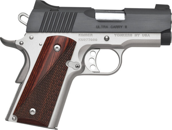 Kimber Mfg, Inc 3200321 Ultra Carry II 45 ACP 7+1 3" Stainless Match Grade Barrel, Matte Black Brushed Serrated Steel Slide, Satin Silver Aluminum Frame w/Beavertail, Rosewood Grip