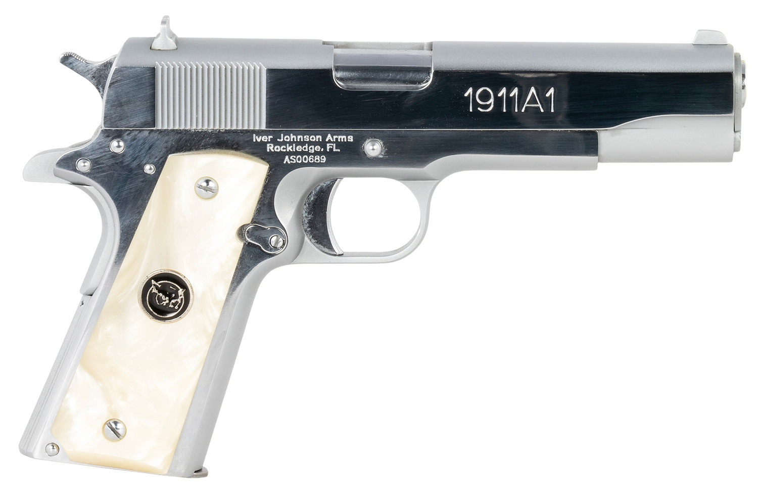 Iver Johnson 1911A1 Pistol, .38 Super, Bright Chrome, Pearl Grips, 8-Round