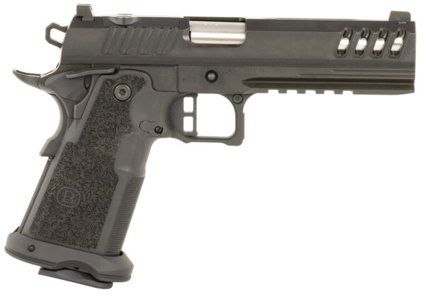 Bersa M2XIO5BBFN M2XI 9mm Luger 22+1 5" Match Grade Bull Barrel, QPQ Tenifer Cerakote Lightening Cut/Optic Cut/Serrated Steel Slide & Frame w/Beavertail & Picatinny Rail, Black Polymer Grip