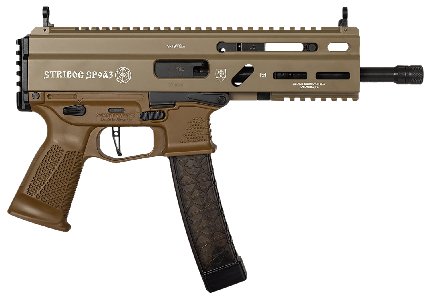 177394.jpg Grand Power 197892004770 SP9A3 Stribog 9mm Luger 30+1 8" Black Threaded Barrel, M-LOK Handguard, Flat Dark Earth Aluminum Picatinny Rail Receiver, Rear Picatinny Rail, FDE Polymer Grips