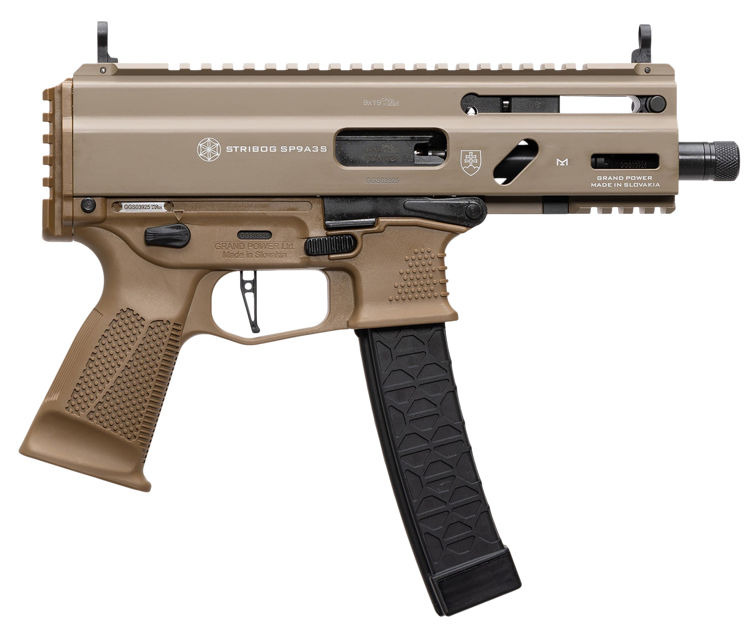 177398.jpg Grand Power 197892004787 Stribog SP9A35S 9mm Luger 30+1 8" Flat Dark Earth