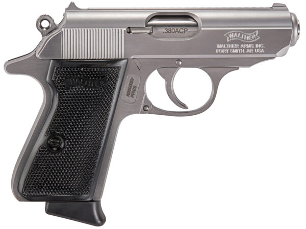Walther Arms 4796004 PPK/S 380 ACP 7+1 3.30" Stainless Steel Barrel, Stainless Steel Serrated Zinc Alloy Slide, Stainless Aluminum Frame w/Beavertail, Black Polymer Grip, Manual Thumb Safety