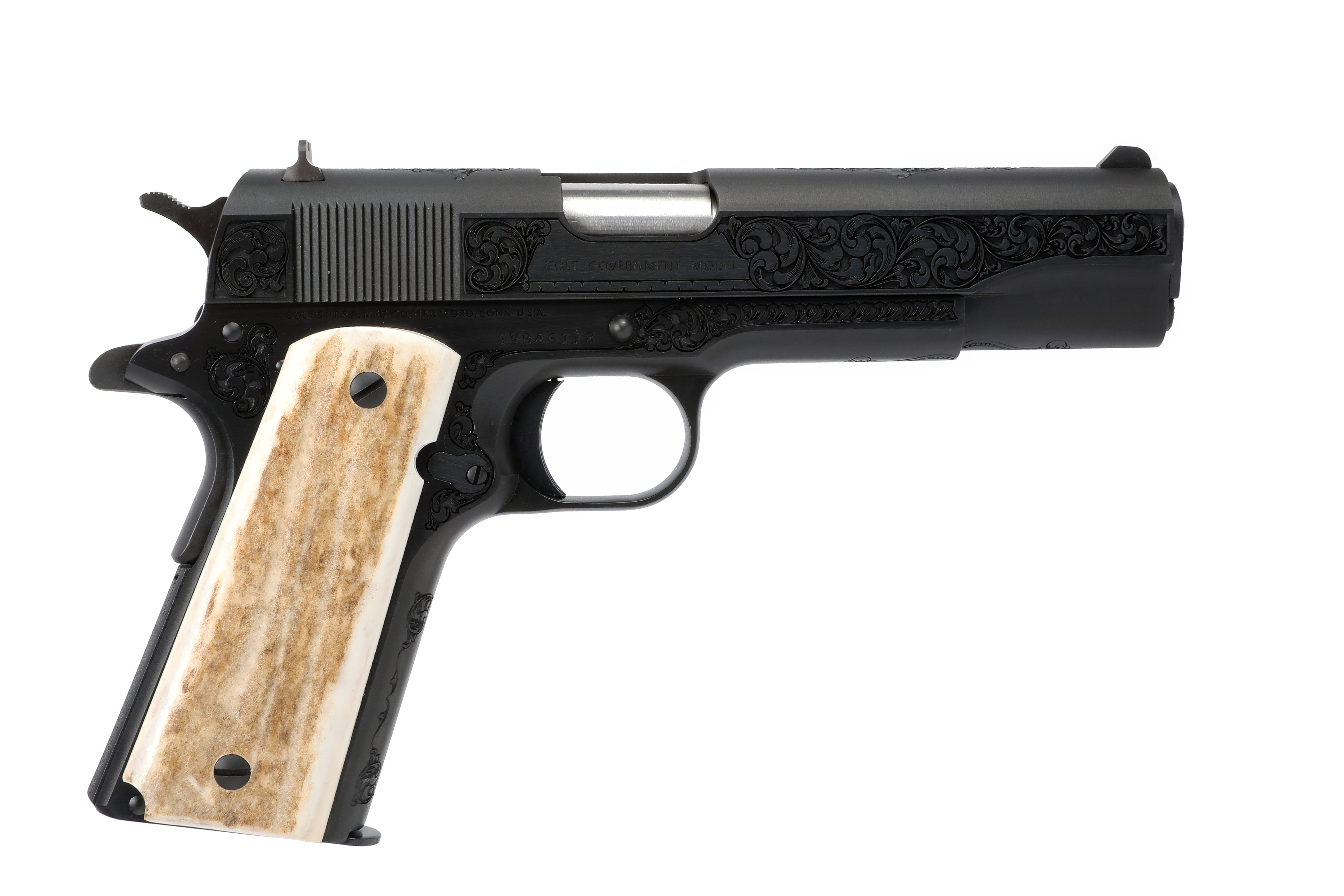 Colt Government Classic Pistol, .45 ACP, Engraved, Stag Grips