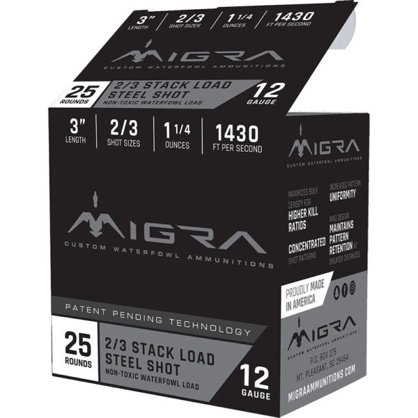Migra Ammunition Waterfowl Steel Shot 12 Gauge 3-Inch 1 1/4 oz No. 2/3 combo Shot, 25-Round Box
