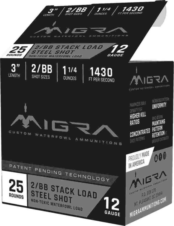 Migra Ammunition Waterfowl Steel Shot 12 Gauge 3-Inch 1 1/4 oz No. 2/BB combo Shot, 25-Round Box