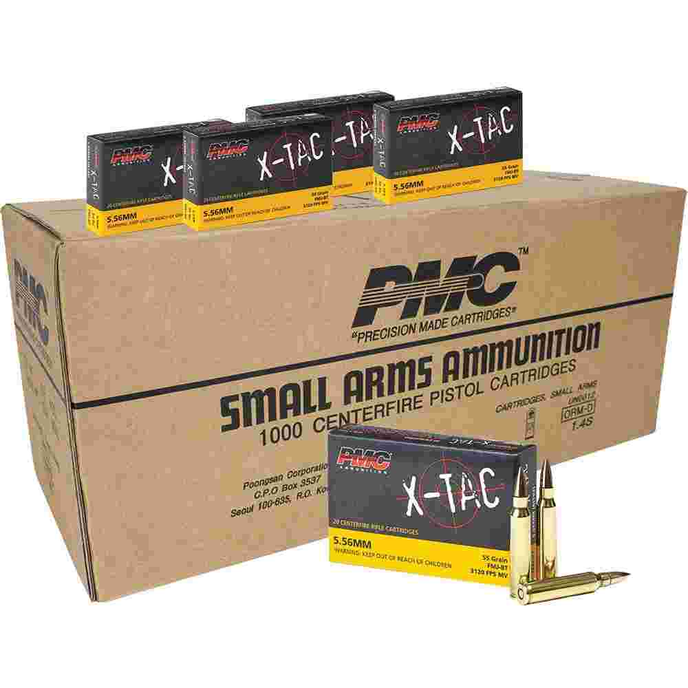 https3A2F2Fmedia.chattanoogashooting.com2Fimages2Fproduct2FPMXP193C2FPMXP193C 1.jpg PMC X-Tac Rifle Ammunition 5.56x45mm 55 gr FMJBT 3120 fps 1000/ct