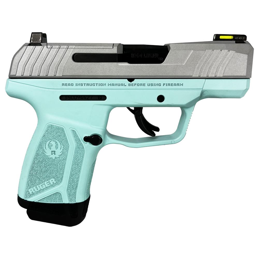 https3A2F2Fmedia.chattanoogashooting.com2Fimages2Fproduct2FUR3503TFCSS2FUR3503TFCSS 1.jpg Ruger "Robin's Egg Blue Frame/Crushed Silver Slide" Max-9 Pro Handgun 9mm Luger 12rd Magazine 3.2" Barrel Optic Ready