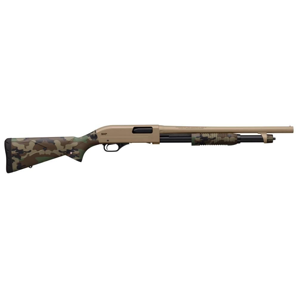 Winchester SXP Defender Shotgun, 12 Gauge, 18-Inch Barrel, FDE/Woodland Camo