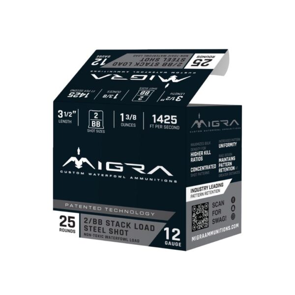 Migra Steel Waterfowl Stacked Shotshells 12 Gauge 3.5-Inch #2 & BB Shot, 25-Round Box