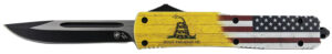 Templar Knife MDTOM331 Gen II Don't Tread On Me Slim 3.50" OTF Drop Point Plain Black Oxide Stonewashed 440C SS Blade, 5.05" Yellow w/Flag & "Don't Tread On Me" Aluminum Handle, Glass Breaker