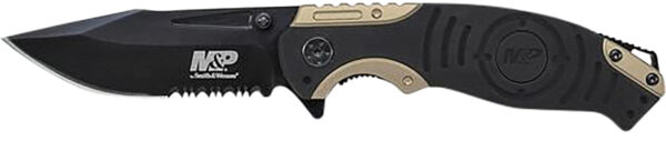 Smith & Wesson Knives SWP13BSCP M&P 3.50" Folding Drop Point Part Serrated Stonewashed 8Cr13MoV SS Blade/Black & Tan Aluminum Handle Includes Pocket Clip