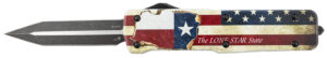 Templar Knife LZTX121 Premium Weighted Texan Large 3.55" OTF Dagger Plain Black Oxide Stonewashed D2 Steel Blade, 5.25" Red/White/Blue w/"The LONE STAR State" Aluminum Zinc Alloy Handle