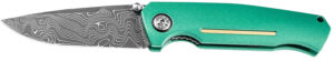 Boker Damascus Drop Point Folding Knife, Green Aluminum Handle