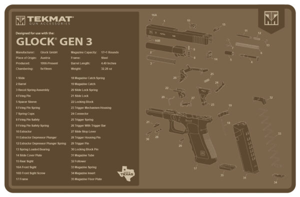 TekMat TEKR17GLOCKG3FDE Glock Gen 3 Cleaning Mat Flat Dark Earth Rubber 11"x17" Glock Gen 3 Parts Diagram