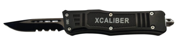 Xcaliber Knife Company 380 ACP Small 2.75" OTF Part Serrated Black 440C SS Blade, 3.91" Steel Handle