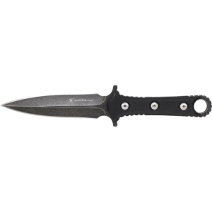 Fixed Blade, Stone Washed 8Cr13MoV Spear Point Blade, Black G10 Handle, Leather Sheath. No Ship CA, NY, MA.