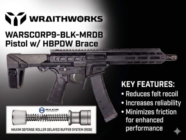 Wraithworks WARSCORP9 Roller Delayed Side-Charging AR Pistol - Black | 9mm | 8.5" Barrel | 7" M-LOK Rail | SB Tactical HBPDW Brace | Accepts Scorpion Mags