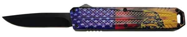Xcaliber Knife Company Don't Tread on Me Medium 3.20" OTF Drop Point Plain Black 440C SS Blade, 4.80" US Flag Aluminum Handle