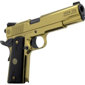 Dickinson LLC DKSN45GB Adam 1911 Golden 45 ACP 8+1 5" Black Barrel, Gold Cerakote Steel B Serrations Slide, Gold Steel Frame w/Beavertail, Black Textured Grip
