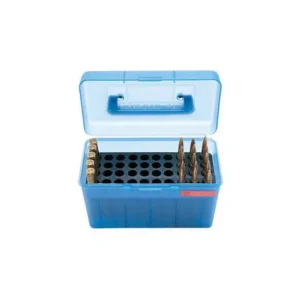 MTM Deluxe 50-Round Ammo Box with Handle, 25-06/270/30-06, Clear Blue