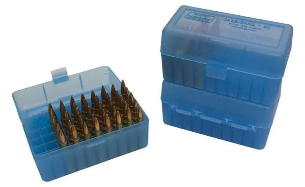 MTM 50-Round Flip-Top Rifle Ammo Box, 220 Swift/243/308, Clear Blue
