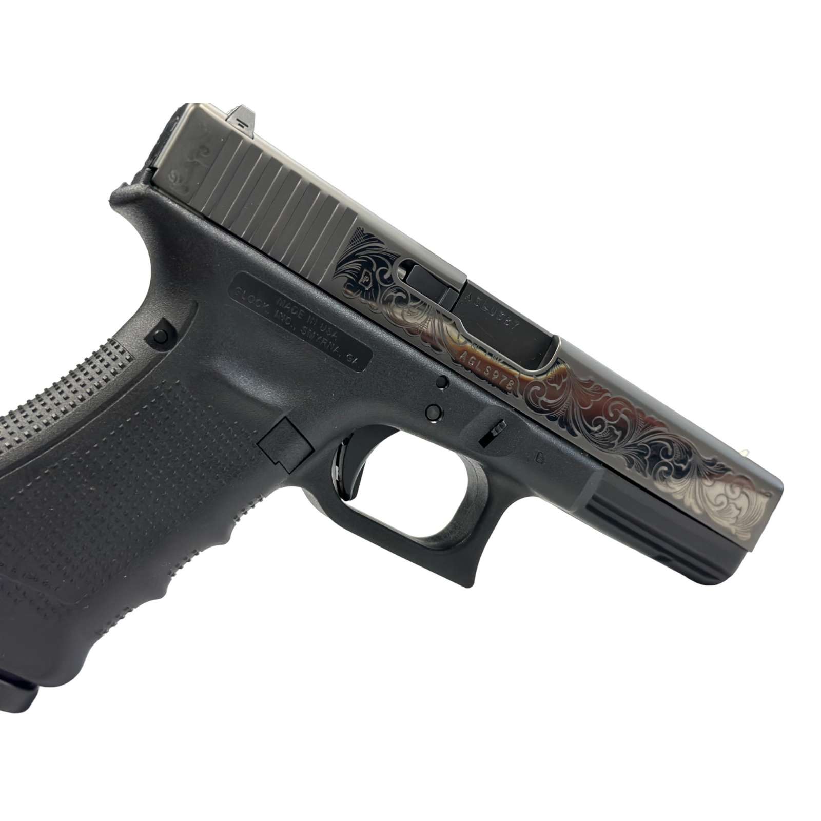 Glock 17 Gen4 9mm Pistol, Black DLC, Scroll Engraved, 4.49-Inch Barrel, 17-Round