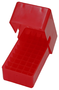 MTM 50 Round Slip-Top Ammo Box, .38 Special .357 Mag, Square Hole, Clear Red