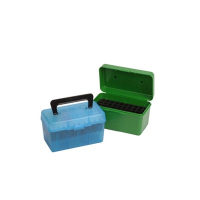 MTM Deluxe 50-Round Rifle Ammo Box with Handle, Clear Blue